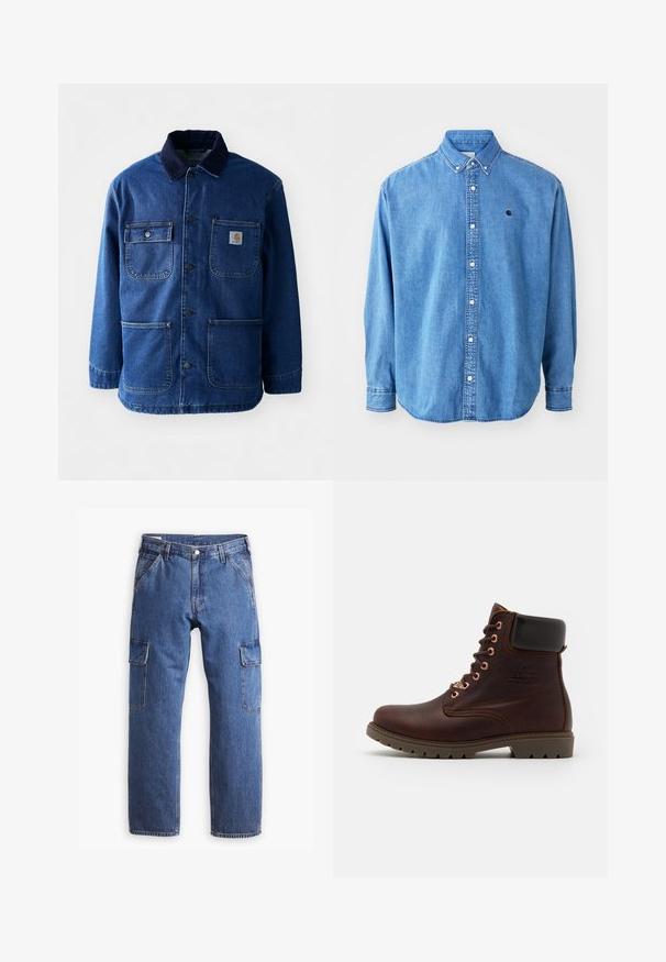 Chaqueta de mezclilla en azul oscuro con un cuello de pana. Presenta cuatro bolsillos, cierre de botones en la parte frontal y un dobladillo ligeramente ajustado. Tejido duradero.; Camisa de denim abotonada, de color azul claro, con cuello de punta, mangas largas y un pequeño logotipo en el pecho. Cuenta con botones blancos y costuras cosidas.; Pantalones cargo de mezclilla azul con un diseño de pierna recta, dos bolsillos laterales y detalles de costura visibles. En general, estilo casual y funcional.; Bota de cuero marrón oscuro hasta el tobillo con cuello negro acolchado, cordones en la parte delantera y suela de goma resistente, vista lateral sobre fondo blanco.