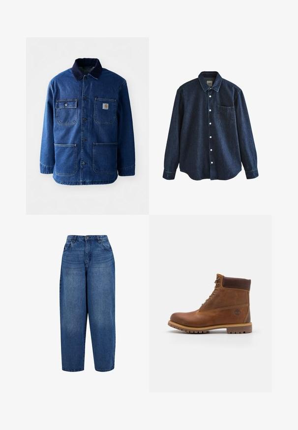 Denimjakke i mørkeblå med en kordfløjlskrave. Har fire lommer, knaplukning foran og en let indsnævret kant. Holdbart stof.; Mørkeblå denim skjorte med lange ærmer, knapper foran, krave og en enkelt brystlomme, vist mod hvid baggrund.; Højtaljede straight-leg jeans i mellemblå denim. Har fem-lomme design, metalknap lukning og dobbelt-stitchet kant.; Brun læder vandrestøvle med en glat finish, polstret ankel, metalliske snørehuller og en gummisål med et robust dækmønster.