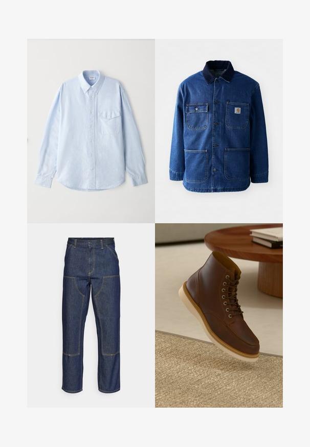 Denimjakke i mørkeblå med en kordfløjlskrave. Har fire lommer, knaplukning foran og en let indsnævret kant. Holdbart stof.; Lyseblå skjorte med knapper lavet af blødt stof, med klassisk krave, lange ærmer og en brystlomme med klap.; Mørkeblå denim jeans med høj talje, lige ben-design, kontrastsyninger og lappelommer foran.; Brune læderankelstøvle med beige sål på et struktureret beige tæppe ved siden af et rundt træbord med stakke af bøger.