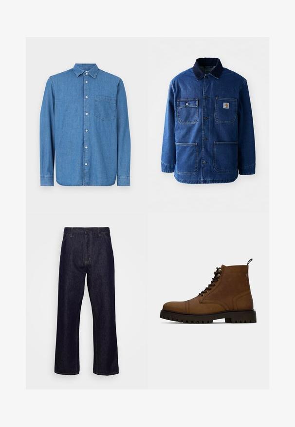 Tumesinine teksajakk, millel on sametkaelus. Omab nelja taskut, nööbiga esikülge ja kergelt kitsenevat äärt. Vastupidav kangas.; Denim särk, helesinine, pikkade varrukatega, nööpidega esiosa, krae, üks rinnatasku, sirge alläärega, peene tekstuuriga, juhuslik disain.; Tumedat sinised sirgedee ääristatud teksapüksid, millel on esikotid, vöökoharihmade aasad, lukuga ja nööbiga sulgumine, esitatud lihtsal valgel taustal.; Pruuni nahast sidumisega pahkluusaapad paksu musta rakendusepidisega tallaga ja tõmbenööbiga valge taustal.