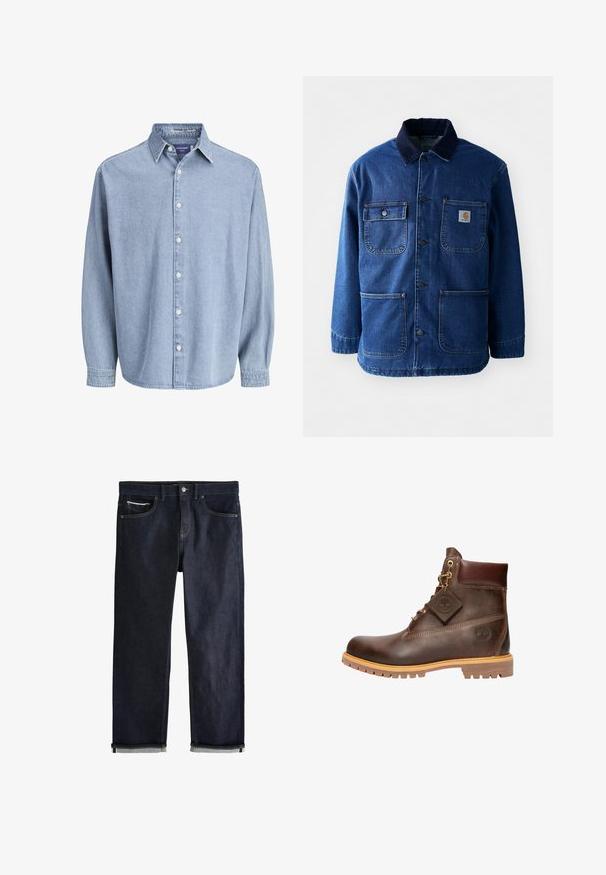 Jeansjacke in Dunkelblau mit einem Cordkragen. Verfügt über vier Taschen, eine Knopfleiste vorne und einen leicht taillierten Saum. Strapazierfähiger Stoff.; Himmelblaue Jeanshemd mit langen Ärmeln, Kragen und weißen Knöpfen, präsentiert vor einem schlichten weißen Hintergrund.; Dunkelblaue Jeans aus Denim mit umgeschlagenen Bündchen, Knopf- und Reißverschluss, Vorder- und Münztaschen und kontrastierenden Nähten vor weißem Hintergrund.; Braune Leder-Ankelstiefel mit runder Zehenpartie, robuster Sohle, goldfarbener Hardware und strukturiertem Obermaterial. Enthält ein angehängtes Logo-Tag.