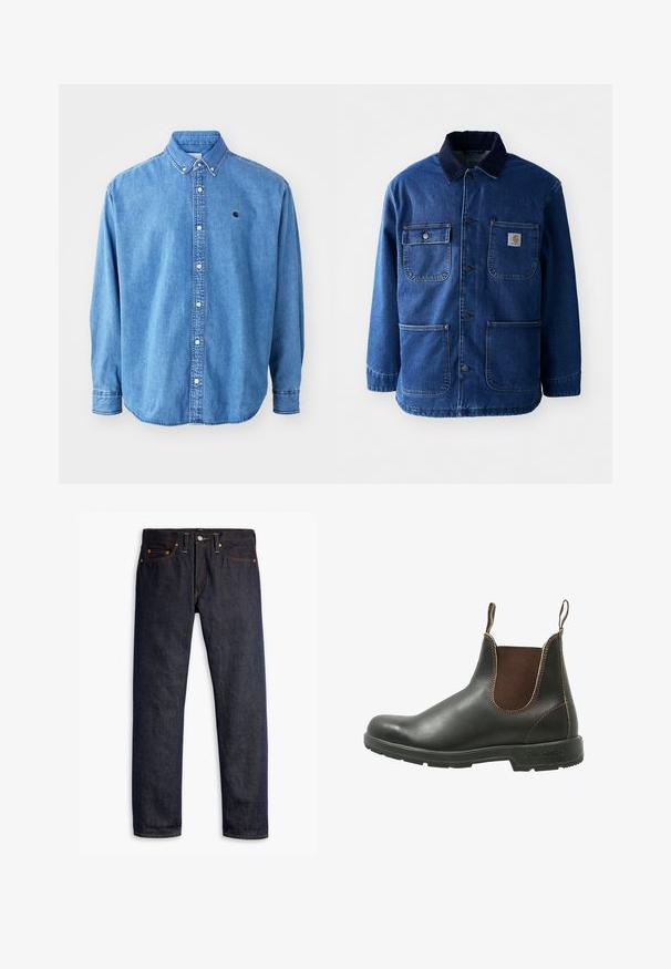 Denimjakke i mørkeblå med en kordfløjlskrave. Har fire lommer, knaplukning foran og en let indsnævret kant. Holdbart stof.; Denim button-down skjorte, lyseblå i farven, med krave, lange ærmer og et lille logo på brystet. Har hvide knapper og syninger.; Mørkeblå denimjeans med lige pasform, fem-lomme design, kobbernitter, gul syning og et markant struktureret stof.; Chelsea støvle lavet af glat sort læder med brune elastiske sidepaneler, kontrastsyet, og en struktureret gummisål.