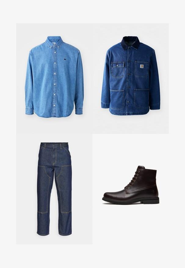 Denimjakke i mørkeblå med en kordfløjlskrave. Har fire lommer, knaplukning foran og en let indsnævret kant. Holdbart stof.; Denim button-down skjorte, lyseblå i farven, med krave, lange ærmer og et lille logo på brystet. Har hvide knapper og syninger.; Mørkeblå denim jeans med høj talje, lige ben-design, kontrastsyninger og lappelommer foran.; Mørkebrun læder snørestøvle med gummisål og subtilt præget logo nær hælen, vist fra ydersiden.