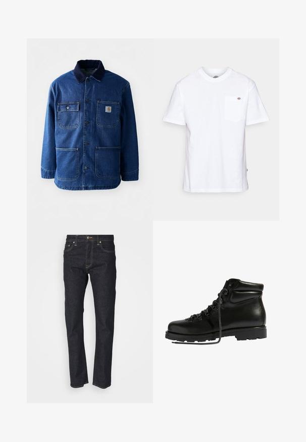 Denimjakke i mørkeblå med en kordfløjlskrave. Har fire lommer, knaplukning foran og en let indsnævret kant. Holdbart stof.; Hvid bomulds t-shirt med rund halsudskæring, korte ærmer og en brystlomme med et lille mærke-logo på venstre side.; Mørkeblå denim jeans med lige pasform, der har knaplukning, fem lommer og gyldne stikninger. Glat tekstur.; Sorte lær hikingstøvler med polstret krave, grå snører, metaløjerne og en robust gummisål med dybe dæksler for godt greb.