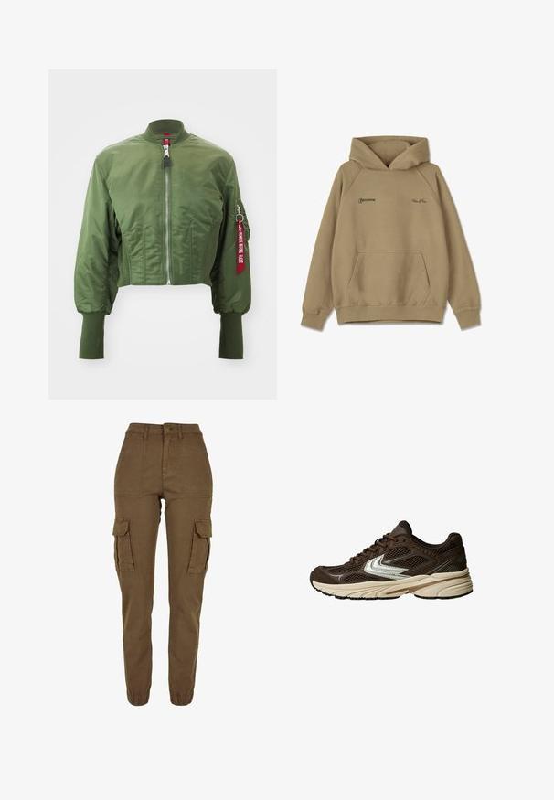 Beskaaret bomberjakke i olivengrøn, lavet af glat nylon, med frontlynlås, ribstrikket krave og et accentræd mærke på ærmet.; Beige hættebluse i fleece materiale, med en frontlomme, ribbede mansjetter og broderede logoer på brystet.; Brune cargo bukser lavet af bomuld med en tapered fit, der har sidelommer, knaplukning og samlede manchetter for ekstra komfort.; Brun atletisk sko med mesh-paneler, et hvidt accentdesign, en polstret gummisål og en strikket overdelsmateriale for åndbarhed.
