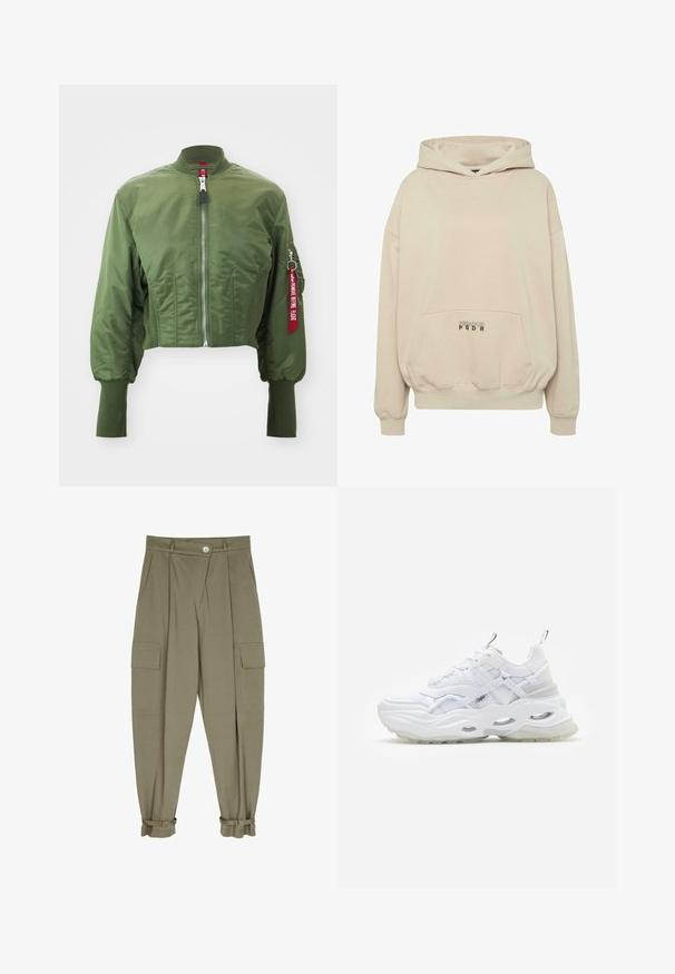 Chaqueta bomber recortada en verde oliva, hecha de nylon suave, con cremallera frontal, cuello acanalado y una etiqueta roja de acento en la manga.; Sudadera con capucha beige con bolsillo frontal, puños acanalados y capucha con cordón. Texto "PECADOR PGDR" impreso en el área del bolsillo.; Pantalones cargo verde oliva hechos de tejido suave, con dos bolsillos frontales, diseño plisado y puños con cierres ajustables.; Zapatilla blanca con suela gruesa, parte superior de malla y sintético en capas, con acentos estampados, sistema de cordones y tira de agarre.