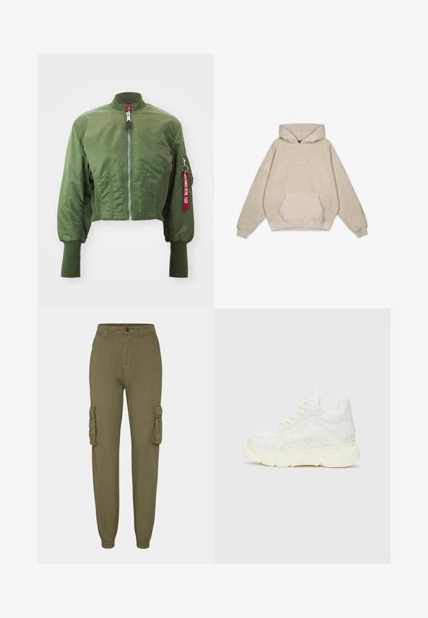 Veste bomber raccourcie en olive, fabriquée en nylon lisse, avec une fermeture éclair à l'avant, un col côtelé, et une étiquette rouge en accent sur la manche.; Sweatshirt à capuche beige avec une coupe décontractée, poche kangourou, manches côtelées et texture lisse. Présente des détails de logo discrets à l'avant.; Pantalons cargo vert olive en tissu doux, dotés de deux poches latérales, de poignets élastiques et d'une fermeture par bouton à l'avant.; Sneaker blanc en matériau synthétique texturé, à semelle épaisse et design à lacets. Présente un logo subtil sur le côté et une pointe arrondie.