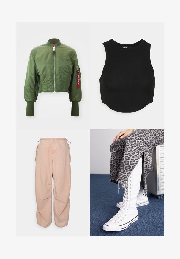 Beskaaret bomberjakke i olivengrøn, lavet af glat nylon, med frontlynlås, ribstrikket krave og et accentræd mærke på ærmet.; Sort ribbet crop top med høj hals og ærmeløs design. Blød tekstur med tætsiddende pasform og let buet kant.; BDG Urban Outfitters BAGGY CARGO - Jeans Relaxed Fit - acid pink; Skridtløse hvide støvler med høj skaft, lavet af canvas, med sorte akcenter. Sammen med en grå leopardmønstret nederdel med sidespalter.