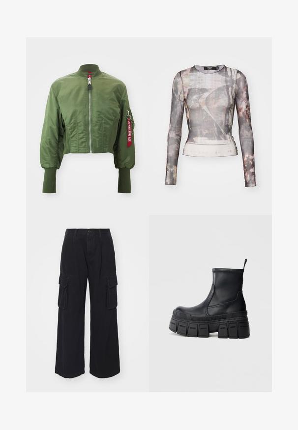Veste bomber raccourcie en olive, fabriquée en nylon lisse, avec une fermeture éclair à l'avant, un col côtelé, et une étiquette rouge en accent sur la manche.; T-shirt à manches longues en maille transparente avec un motif abstrait gris et marron, décolleté rond et silhouette près du corps avec une légère élasticité.; Pantalons cargo noirs fabriqués dans un tissu durable, dotés de jambes larges, de multiples poches latérales et d'une fermeture à bouton classique à la taille.; Bottines noires en cuir lisse avec une semelle plateforme épaisse et crantée. Dotées d'une languette de tirage et de détails de couture le long de la tige.