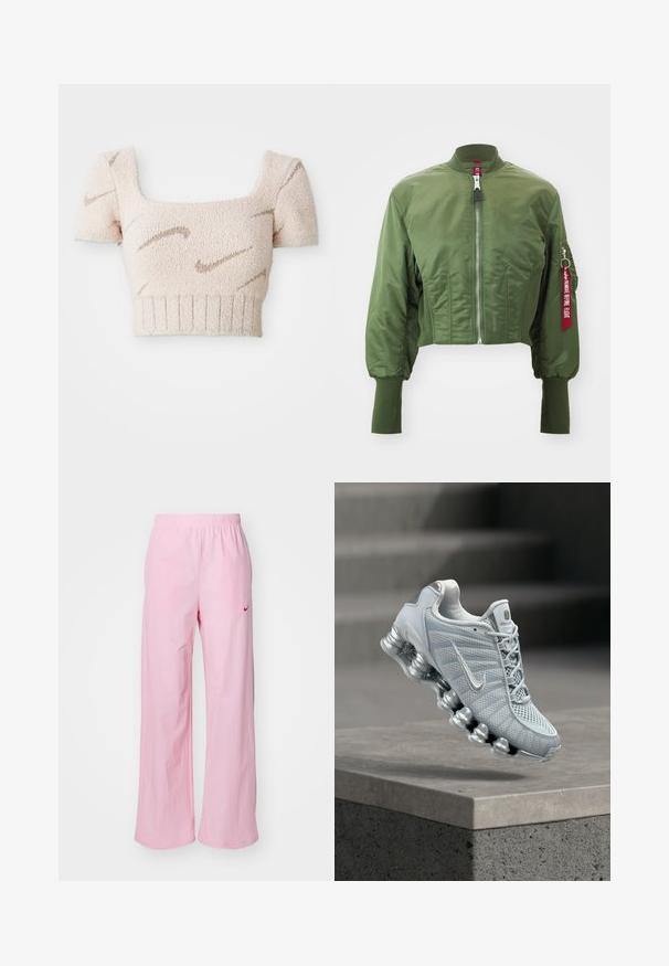 Veste bomber raccourcie en olive, fabriquée en nylon lisse, avec une fermeture éclair à l'avant, un col côtelé, et une étiquette rouge en accent sur la manche.; Top court à manches courtes en tissu doux et texturé. Couleur rose clair avec des motifs ondulés marron. Décolleté carré et ourlet côtelé.; Pantalons roses à taille élastique avec une coupe décontractée. Présente un logo rouge sur le côté gauche et une texture lisse et légère.; Chaussure de course Nike gris clair avec une semelle amortissante en forme de ressort flottant au-dessus d'un rebord en béton, arrière-plan d'escalier flou.