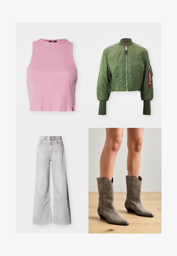 Chaqueta bomber recortada en verde oliva, hecha de nylon suave, con cremallera frontal, cuello acanalado y una etiqueta roja de acento en la manga.; Top corto de canalé rosa con cuello redondo y diseño sin mangas. Presenta un dobladillo que termina justo por encima de la cintura.; Jeans de pierna ancha color gris claro hechos de mezclilla, con cintura alta, bolsillos delanteros y cierre de botones. Textura suave con un aspecto ligeramente desvanecido.; Pavement NIKKI - Botas camperas - khaki