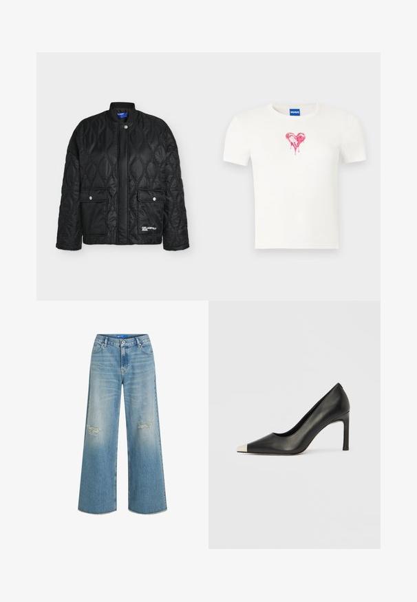 Must täpiline jakk laineliste õmblustega, kaks esimest nööpnööbiga taskut ja "Karl Lagerfeld Jeans" logo alumisel paremal taskul.; Valge lühikeste varrukatega puuvillane t-särk, mille keskel on punane tilkuv südamegraafika, ümara kaelusega ja standardse istuvusega.; Heledad sinine denimpüksid, millel on kulunud põlvete kohad ja narmendav äär. Klassikaline viie tasku disain ja nööpkinne.; Mustast nahast kõrge kontsaga king terava varba ja metallik hõbedase otsikuga. Iseloomustab sile viimistlus ja sihvakas 10 cm konts.