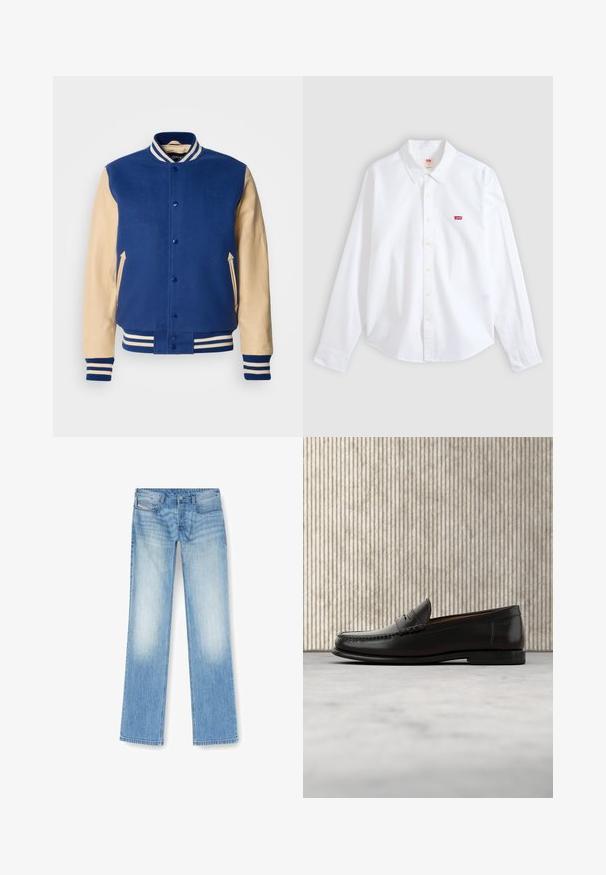 Schott Bomberjacks - blue/beige; Witte blouse met lange mouwen, knoopsluiting en kraag, met klein rood Levi's-logo op het linkerborstgedeelte op een neutrale achtergrond.; Lichtblauwe rechte jeans gemaakt van denim, met een vervaagde afwerking, vijf-pocket ontwerp en zichtbare stiksels langs de naden.; Zwarte leren penny loafer met lage hak, afgeronde neus en gestikte details langs de voorkant en zijkanten, afgebeeld op een neutrale achtergrond.