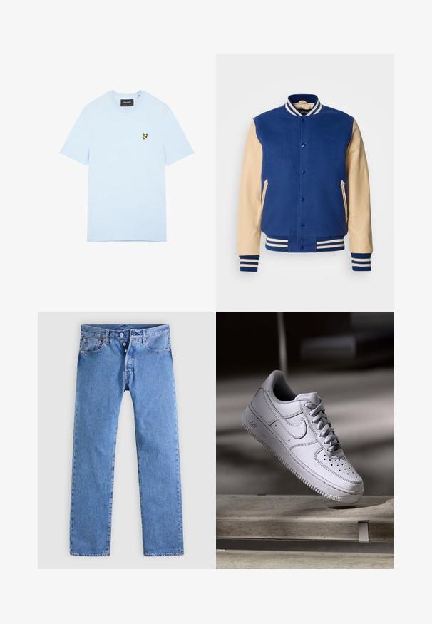 Schott Blouson Bomber - blue/beige; T-shirt en coton bleu clair avec col rond, arborant un petit logo d'oiseau jaune brodé sur le côté gauche de la poitrine. Manches courtes, couleur unie.; Jean en denim bleu clair avec une coupe droite, cinq poches et une braguette à deux boutons. Présente un léger délavage et des coutures contrastées.; La basket Nike Air Force 1 en cuir blanc présente un embout perforé, des lacets plats et une semelle en caoutchouc texturée avec le logo « AIR » sur le côté.