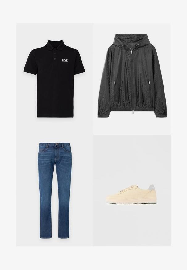 Zwarte gewatteerde lichtgewichtjas met een capuchon, sluiting met een rits aan de voorkant en twee zijzakken met rits. Voorzien van elastische manchetten en een elastische onderzoom.; Zwarte polo shirt van katoen met een klassieke kraag, drie knopen, en een wit EA7-logo op de linkerborst. Korte mouwen.; Blauwe spijkerbroek met rechtvallende pijpen, voorzien van een klassiek ontwerp met vijf zakken en een knoopsluiting. Subtiele vervaging over de stoftextuur.; Beige lage sneaker met veters aan de voorkant, lichtroze zool en een grijze hieltab met het merk "Filling Pieces", zijaanzicht op een effen achtergrond.