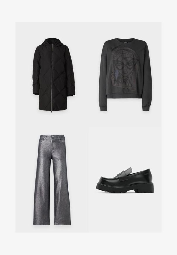 Schwarze gesteppte Pufferjacke mit Kapuze, Frontreißverschluss, langen Ärmeln und Rautenmuster-Nähten.; Schwarzer Pullover mit langen Ärmeln, der ein großes grafisches Design eines Gesichts mit Brille und fransigen Kanten zeigt. Gerippte Bündchen und Halsauschnitt.; Silberne, metallic glänzende Jeans im weit geschnittenen Stil mit hoher Taille, ausgestattet mit fünf Taschen und einem Knopfverschluss. Der Stoff hat eine glatte, glänzende Textur.; Schwarze Leder-Loafers mit einer chunky strukturierten Sohle, ausgestattet mit einem Riemen über dem Spann und einer glatten, polierten Oberfläche.