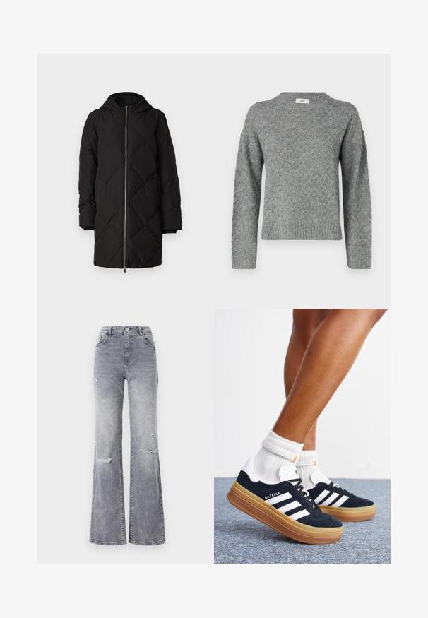 Mustmustri koot, millel on kapuuts, esi tõmblukk, pikad varrukad ja teemandimustriga õmblused.; JDY Knitted JDYBIGUM Knitted - Džemper - medium grey; Kõrge vöökohaga hallid teksased, millel on laienev jalg, ellu viidud kulumisega põlve detailid, klassikaline viie tasku disain ja tooni sobitav niit.; Jalad valgete sokkide ja mustade Adidas Gazelle tossudega, millel on valged triibud ja paksud pruunid tallad, halli vaibaga põrandal.