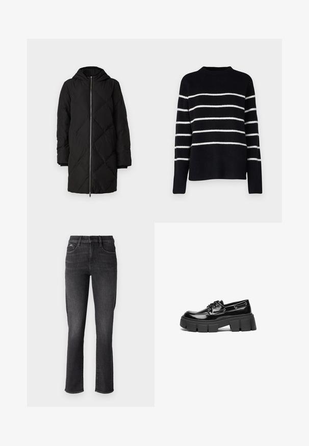 Schwarze gesteppte Pufferjacke mit Kapuze, Frontreißverschluss, langen Ärmeln und Rautenmuster-Nähten.; Vero Moda Tall VMFLAWLESS - Strickpullover - black/birch; Schwarze Denim-Jeans mit geradem Schnitt, ausgestattet mit einem Standardbund, fünf Taschen und dezenten Steppnähten.; Schwarze Lacklederloafer mit einer robusten schwarzen Plattformsohle und dekorativen Ösen. Glatte Textur mit runder Zehenpartie und Schnürdetail.
