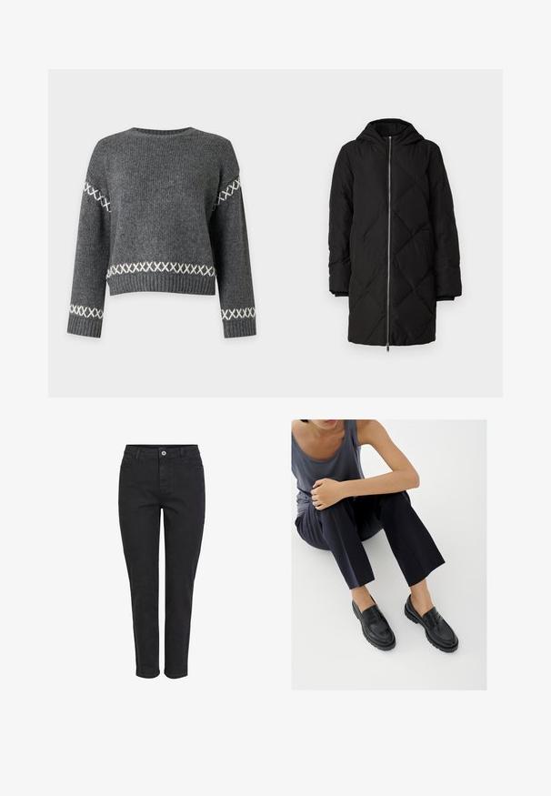 Sort quilted pufferjakke med hætte, der har en frontlynlås, lange ærmer og diamantmønster syning.; Mørkegrå strikket sweater med hvide korssting mønstre på ærmerne og nær taljen, med rund halsudskæring og ribstrikkede ærmegab og kant.; Sorte denim jeans med lige ben, der har en frontknaplukning, fem lommer og en ensartet tekstureret overflade.; Sorte læderloafers med teksturerede detaljer, lav hæl, rund tå og synlige syninger. Modellen bærer mørke bukser og en grå top.