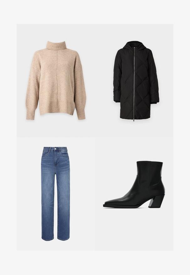 Manteau en duvet noir matelassé avec une capuche, comportant une fermeture éclair à l'avant, des manches longues et un surpiquage en forme de losange.; Pull beige à col roulé en maille, manches longues, poignets côtelés, ourlet et une couture verticale centrale à l'avant.; Jean en denim bleu clair à taille haute, coupe droite, style cinq poches, avec des détails de décoloration subtils sur l'ensemble du tissu.; Bottine en cuir noir avec un bout pointu, une silhouette élégante et un talon carré massif. Texture lisse avec des détails de couture minimalistes.