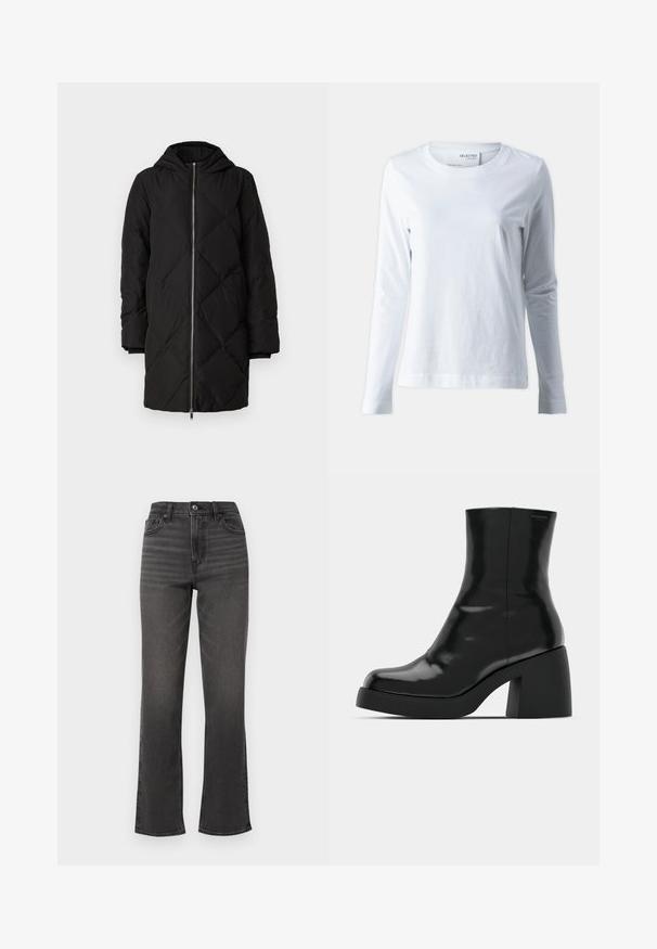 Schwarze gesteppte Pufferjacke mit Kapuze, Frontreißverschluss, langen Ärmeln und Rautenmuster-Nähten.; Weißes Langarm-T-Shirt aus weicher Baumwolle. Mit Rundhalsausschnitt und enganliegenden Ärmeln. Glatte Textur mit schlichten Design.; Hochtaillierte, gerade geschnittene Jeans aus dunkelgrauem Denim mit leichter Ausbleichung, vorderen Taschen und einem einzigen Knopfverschluss. Schlichtes, minimalistisches Design.; Schwarze Stiefeletten mit glänzender Oberfläche, quadratischer Zehenpartie und dicker Blockabsatz. Das Design zeichnet sich durch eine nahtlose Silhouette und minimalistische Markenkennzeichnung aus.