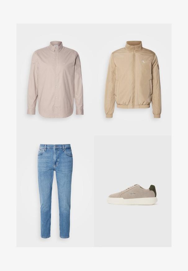 Chaqueta beige con cremallera fabricada en material ligero. Cuenta con un cuello alto, puños elásticos, bolsillos laterales y un logo en el lado izquierdo del pecho.; Camisa de botones de manga larga beige con rayas verticales blancas, cuello puntiagudo y un pequeño logotipo bordado en el pecho.; Vaqueros de mezclilla azul claro con corte recto, diseño de cinco bolsillos y un sutil desgastado. Presentan un cierre de botón y pasadores para cinturón.; Zapatillas de piel de ante beige con suela de goma blanca, que presentan un acento en el talón de color verde oscuro y un sutil logo en el lateral.
