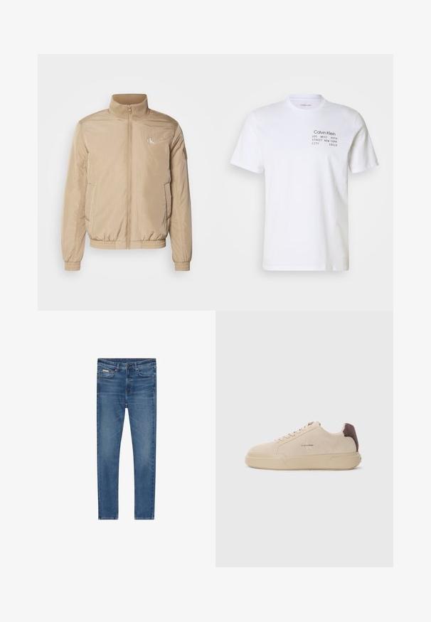 Chaqueta beige con cremallera fabricada en material ligero. Cuenta con un cuello alto, puños elásticos, bolsillos laterales y un logo en el lado izquierdo del pecho.; Camiseta de algodón blanca con mangas cortas, cuello redondo y texto impreso: "Calvin Klein 205 WEST 39TH STREET NEW YORK CITY 10018."; Vaqueros de mezclilla azul con corte ajustado, cinco bolsillos, cierre con botones y sutiles desgastes en los muslos y las rodillas.; Zapatilla de ante beige con punta redondeada, cordones en la parte frontal y un acento de ante marrón en el talón. Cuenta con una suela de goma texturizada.
