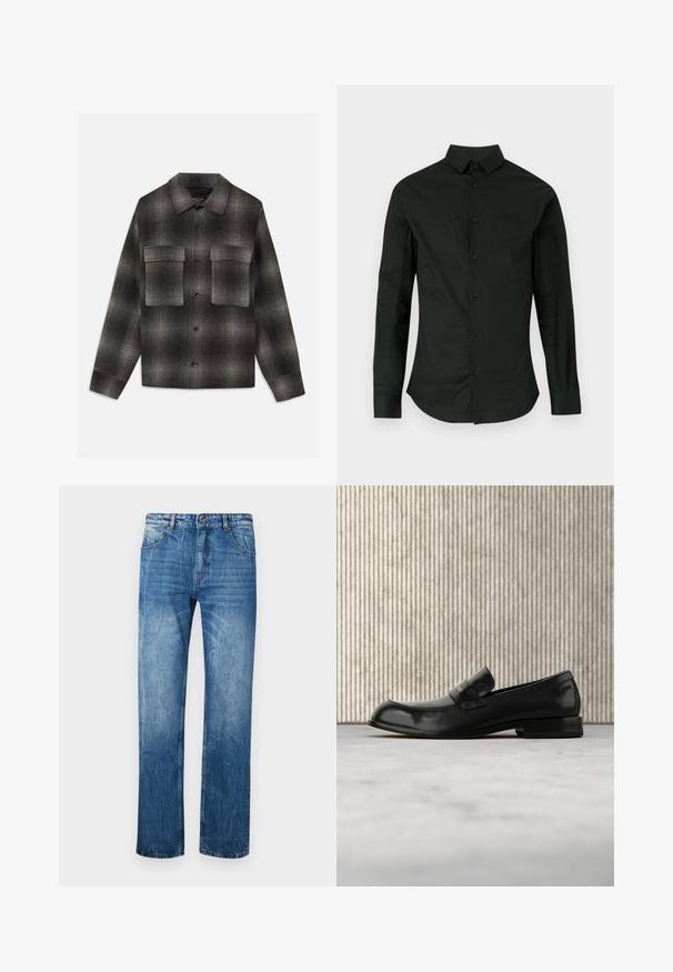 Donkergrijze en zwarte geruite button-up jas met puntige kraag en twee grote klepzakken op de borst, lange mouwen en een rechte zoom.; Zwarte blouse met lange mouwen, gemaakt van een gladde stof, met een knoopsluiting aan de voorkant, een klassieke kraag en een afgeronde zoom zonder zichtbare patronen of accenten.; Blauwe spijkerbroek met een rechte snit, voorzien van vijf zakken, riemlussen en subtiele vervaging over de stof.; Zwarte leren loafer met metalen accent, zwevend weergegeven boven een beige tapijt, met een ronde, amberkleurige tafel op de achtergrond.