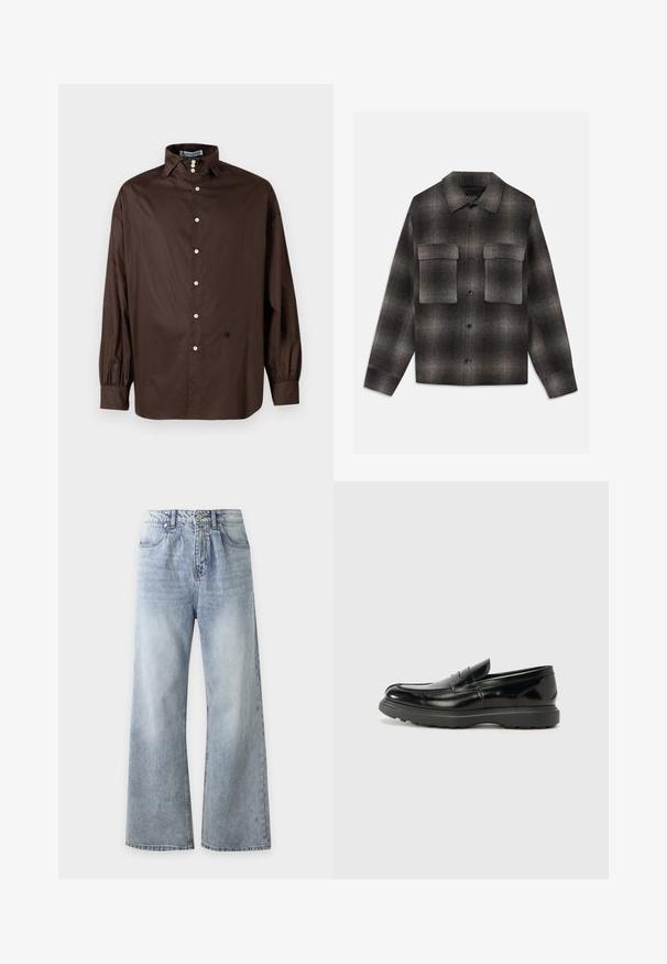 Donkergrijze en zwarte geruite button-up jas met puntige kraag en twee grote klepzakken op de borst, lange mouwen en een rechte zoom.; Bruine lange mouwen shirt van een gladde stof met een klassieke kraag, voor sluiting met knopen en elastische manchetten; heeft een subtiele logodetail.; Lichtblauwe jeans met een hoge taille en wijde pijpen, voorzakken, knoopsluiting en een verweerde wassing op dijen en knieën.; Zwarte leren instapper met een glanzende afwerking, een ronde neus, subtiele stiksels en een dikke rubberen zool voor duurzaamheid.
