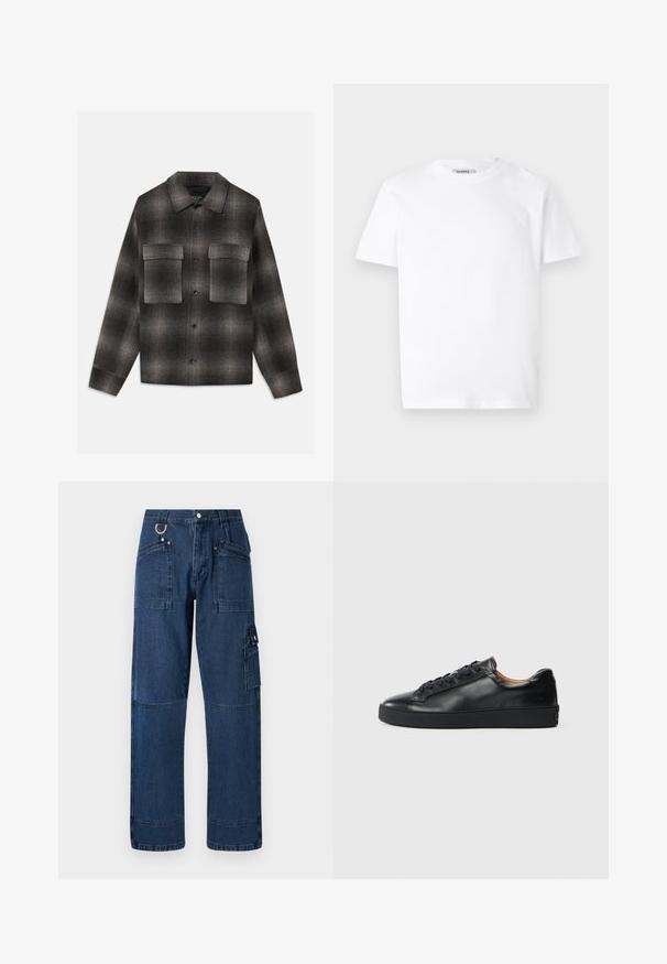 Donkergrijze en zwarte geruite button-up jas met puntige kraag en twee grote klepzakken op de borst, lange mouwen en een rechte zoom.; Witte katoenen t-shirt met een ronde hals en korte mouwen. Bevat een klein, reliëf logo op de linker borst. Soepele textuur.; Donkerblauwe denim cargo broek met een rechte snit, voorzien van meerdere zakken, metalen hardware en contrasterende stiksels.; Zwarte leren sneaker met een gladde textuur, ronde neus en vetersluiting. Heeft een dikke rubberen zool en minimale merkaanpassing.