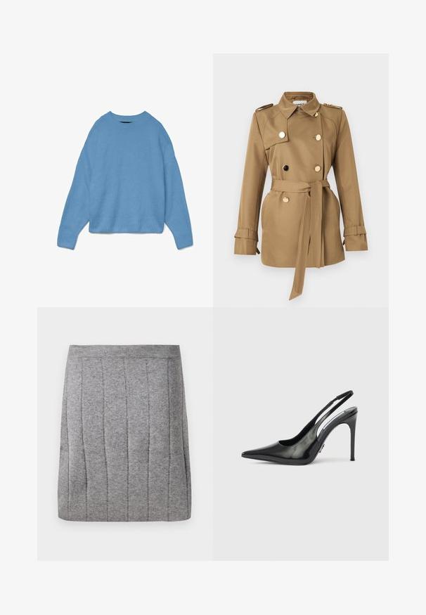 Lichtbruine trenchcoat met een ceintuur in de taille, dubbele knoopsluiting, gouden accenten, epauletten en manchetten met riempjes, gemaakt van een gladde stof.; Lichtblauwe gebreide trui met een ronde halslijn, een drop shoulder ontwerp en geribbelde manchetten en onderrand. Zachte textuur, ontspannen pasvorm.; Object OBJTHESS - Minirok - medium grey; Zwarte lakleren slingback pump met hoge hak, puntige neus, open zijkanten en een slanke hak. Glanzende afwerking met minimale hardware details.