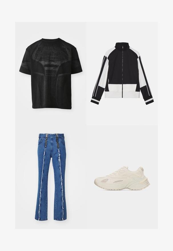 Sort og hvid zip-up jakke med høj krave, der har kontrasterende skulderstriber og ribbede mansjetter. Blødt stof med et minimalistisk design.; Sort sport T-shirt med korte ærmer og struktureret mønster samt diskret "MISBHV SPORT" tekst på fronten.; GmbH FAISAL - Jeans Straight Leg - denim blue; Atletiksneakers i cremefarve med lag af læder og mesh-paneler, tyk sål med tekstureret mønster og snørelukning.