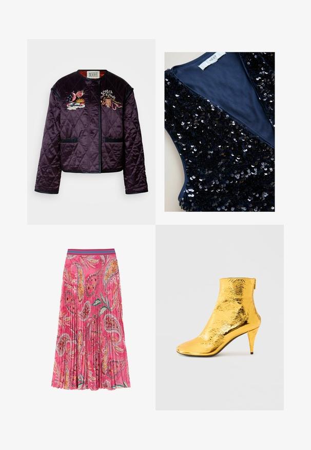 Quiltet lilla jakke med diamantmønster, broderede accenter af blomster og skyer, kontrasterende kant og to forlommer.; Marineblå vest med dyb V-udskæring, dækket af skinnende sorte pailletter, med en glat inderside og et mærke med teksten "NEXT."; Lyserød plisseret nederdel med blomster- og paisleymønstre, med en kontrasterende turkise stribet talje. Lavet af letvægtsstof.; Gylden ankelstøvle med en skinnende, krøllet tekstur, spids snude og en slank hæl. Design i ankelhøjde med lynlås bagpå.