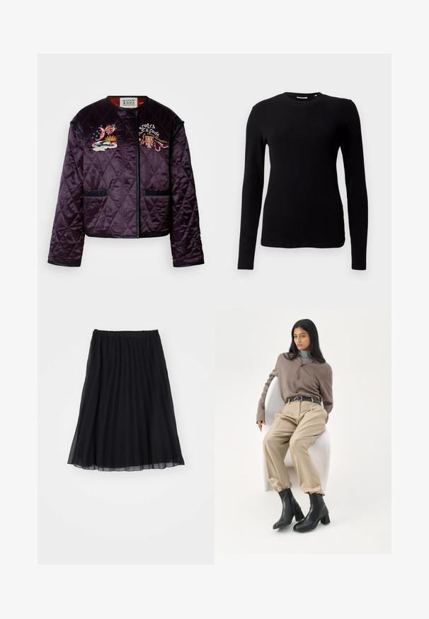 Veste violette matelassée avec un motif en losanges, accents brodés de fleurs et de nuages, bordure contrastante et deux poches avant.; Haut noir à manches longues en maille côtelée avec un col rond et une coupe ajustée, présentant une texture douce et un design sans coutures.; Jupe plissée noire en tissu transparent, avec une taille élastique. Sa conception fluide s'étend jusqu'à la mi-mollet, mettant en valeur des plis verticaux.; Femme aux longs cheveux noirs appuyée sur une chaise blanche courbée, portant un chemisier taupe, un pantalon beige, une ceinture noire et des bottines noires à talons.