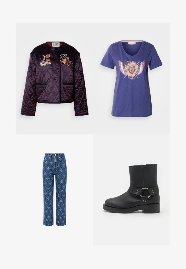 Quiltet lilla jakke med diamantmønster, broderede accenter af blomster og skyer, kontrasterende kant og to forlommer.; Mørkeblå kortærmet t-shirt med et centralt grafisk motiv og glitrende detaljer samt vingemotiv; blødt, tekstureret stof.; Mørkeblå denim jeans med blomstermønster, højtaljet, lige ben-design, der har guld-tone hardware og en subtil tekstur.; Zign STUDIO by Zalando LEATHER - Plateaustøvletter - black