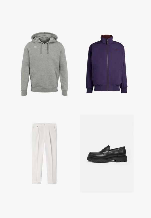 Violetti vetoketjullinen takki, jossa korkea kaulus, resorit hihansuissa ja helmassa, kaksi sivutaskua ja brodeerattu logo rinnassa.; Harmaa huppari etutaskulla, kiristysnauhakiinnitteisellä hupulla ja vasemmassa rinnassa pienellä valkoisella logolla, esillä yksinkertaisella valkoisella taustalla.; Valkoiset räätälöidyt housut, joissa on etukaitaleet, sivutaskut, napillinen vyötärönauha ja käännetyt lahkeenvarret.; Musta nahkainen loafer-pohjallinen, jossa paksu uritettu pohja ja pennynauhakiinnitys, esitetty oikealta sivuprofiililta valkoisella taustalla.