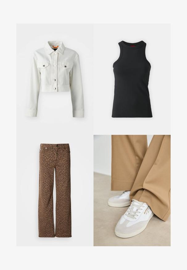 Chaqueta de mezclilla blanca cropped con botones metálicos, dos bolsillos en el pecho y un cuello clásico. Textura suave y corte ajustado.; Camiseta sin mangas negra hecha de una tela elástica. Presenta un cuello redondo y una silueta ajustada con detalles de costura mínimos.; Pantalones de pierna ancha marrones con un estampado de leopardo negro, hechos de una tela suave con una textura lisa y cierre de botón clásico.; Zapatillas blancas con detalles de ante, cordones texturizados y suela de goma. Combinadas con un pantalón suelto en tono marrón claro. Logo exhibido en el lateral.