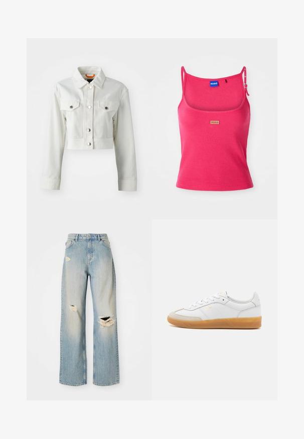 Weiße, kurz geschnittene Jeansjacke mit metallic Knöpfen, zwei Brusttaschen und klassischem Kragen. Glatte Textur und taillierte Passform.; Enganliges pinkes Tanktop aus Rippstoff. Verfügt über verstellbare Träger und ein kleines braunes Logotag auf der Vorderseite. Glatte Textur.; Hellblaue, gerade geschnittene Jeans mit hoher Taille, Gürtelschlaufen und ausgefransten Rissen am linken Oberschenkel, rechten Knie und unteren linken Bein.; Weiße Ledersneaker mit beigen Wildlederakzenten, Gummi-Rahmen und Schnürdesign. Verfügt über dezente Markenkennzeichnung in Gold.