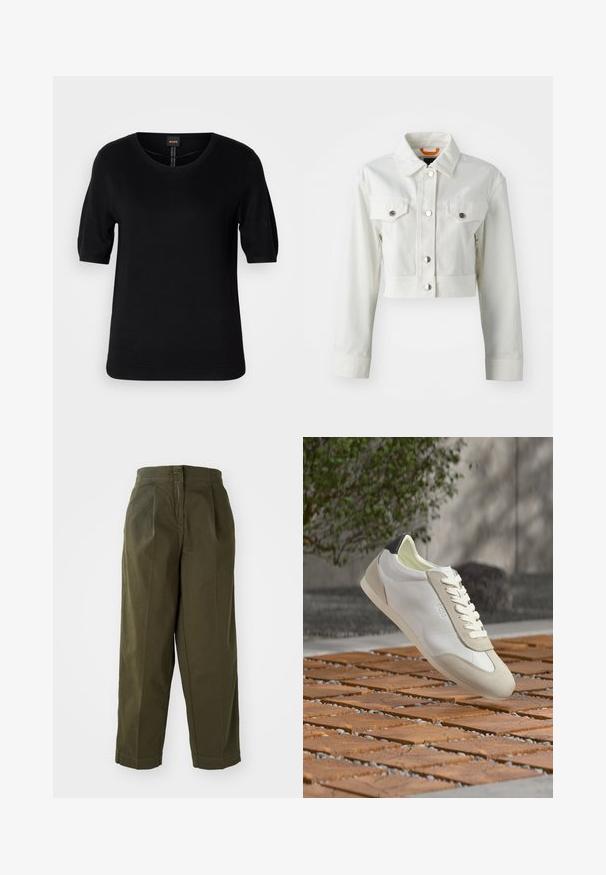 Chaqueta de mezclilla blanca cropped con botones metálicos, dos bolsillos en el pecho y un cuello clásico. Textura suave y corte ajustado.; Top de punto negro de manga corta con cuello redondo, dobladillo acanalado y textura sutil, con una etiqueta de logo en el centro en la parte posterior.; Pantalones de pierna ancha color verde oliva con cintura alta, con pliegues frontales y dobladillos vueltos. Fabricados en un tejido ligero con una textura suave.; Zapatilla casual blanca y beige con detalle negro en el talón, cordones blancos y branding "BOSS", flotando sobre un pavimento de bloques de madera al aire libre.