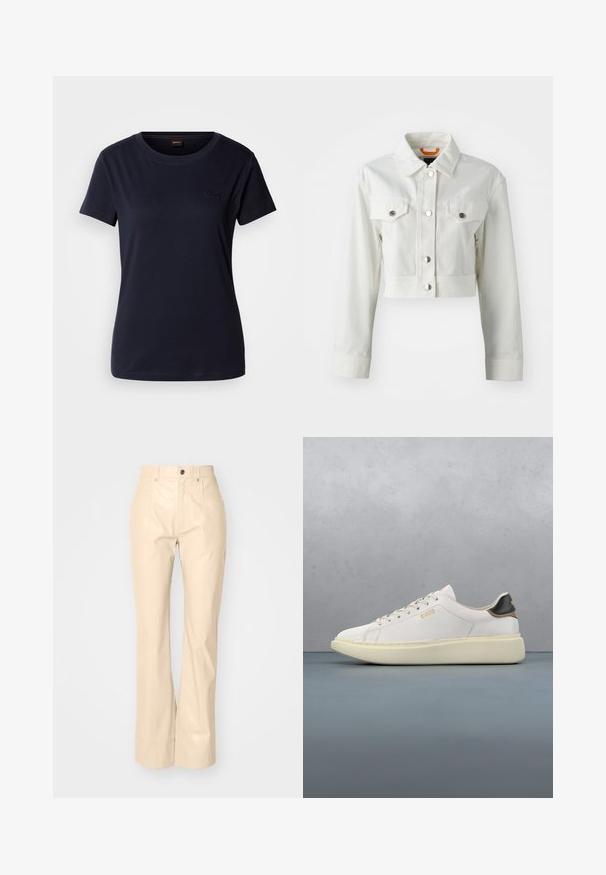 Weiße, kurz geschnittene Jeansjacke mit metallic Knöpfen, zwei Brusttaschen und klassischem Kragen. Glatte Textur und taillierte Passform.; Marineblaues Kurzarm-T-Shirt aus Baumwolle mit Rundhalsausschnitt und einem kleinen gestickten Logo auf der Brust. Glatte Textur.; Beige Fake-Leder Schlaghosen mit glatter Textur, ausgestattet mit Vordertaschen, einem Knopfverschluss und einem dezenten, glänzenden Finish.; Weiße Sneaker mit einem Obermaterial aus glattem Leder, ausgestattet mit einer tanfarbenen und schwarzen Lederfersenkappe, runden Schnürsenkeln und einer massiven beige Gummisohle. Goldene Logo-Details.