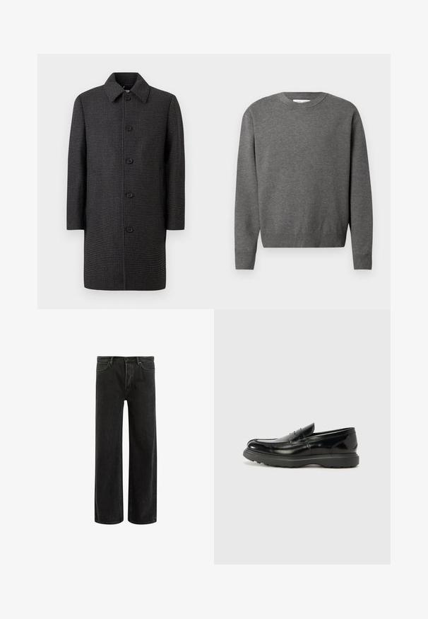 Grau kariert Mantel mit geradem Schnitt, spitzem Kragen und fünf schwarzen Knöpfen. Mit langen Ärmeln und Seitentaschen ausgestattet.; Grauer Rundhals-Pullover aus weichem Strickmaterial. Mit langen Ärmeln und gerippten Bündchen und Saum. Minimalistisches Design ohne sichtbare Logos.; Schwarze, weit geschnittene Jeans aus Denim mit hoher Taille, im klassischen Fünf-Taschen-Design und subtilem Verblassen für eine strukturierte Optik.; Schwarze Lederloafer mit glanzendem Finish, abgerundetem Zehenbereich, subtilen Steppnähten und einer dicken Gummisohle für Langlebigkeit.