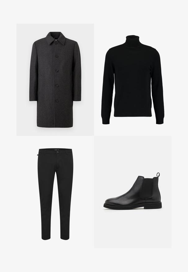 Grå ternet frakke med lige snit, spids krave og fem sorte knapper. Har lange ærmer og sidelommer.; Sort turtleneck sweater lavet af et blødt strikmateriale. Har lange ærmer, ribbet krave og kant. Enkel, slank design uden mønstre.; Sorte bukser lavet af glat stof. Har en knaplukning, bæltesløjfer og et slim fit-design med tapered ben. Ingen synlige mønstre.; Sorte læder Chelsea støvler med elastiske sidepaneler og en træksløjfe. Rund tå og flad gummisål, der fremviser en glat finish.