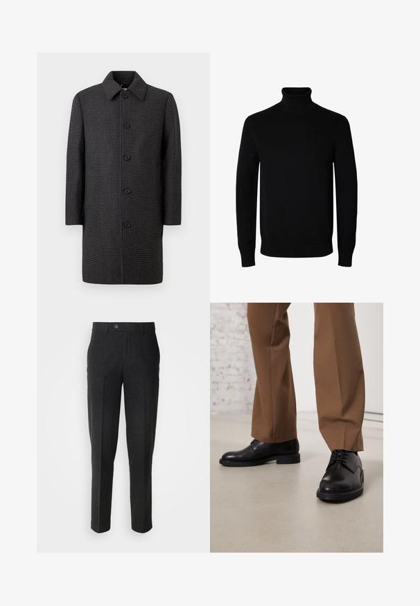 Grau kariert Mantel mit geradem Schnitt, spitzem Kragen und fünf schwarzen Knöpfen. Mit langen Ärmeln und Seitentaschen ausgestattet.; Schwarzer Langarm-Rollkragenpullover mit gerippten Bündchen und Saum, auf einem schlichten weißen Hintergrund dargestellt.; Lindbergh Stoffhose - black melange; Schwarze Lederschuhe mit glatter Oberfläche und runder Zehenpartie, mit Schnürverschluss und einer flachen, niedrigen Sohle. Kombiniert mit braunen Hosen.
