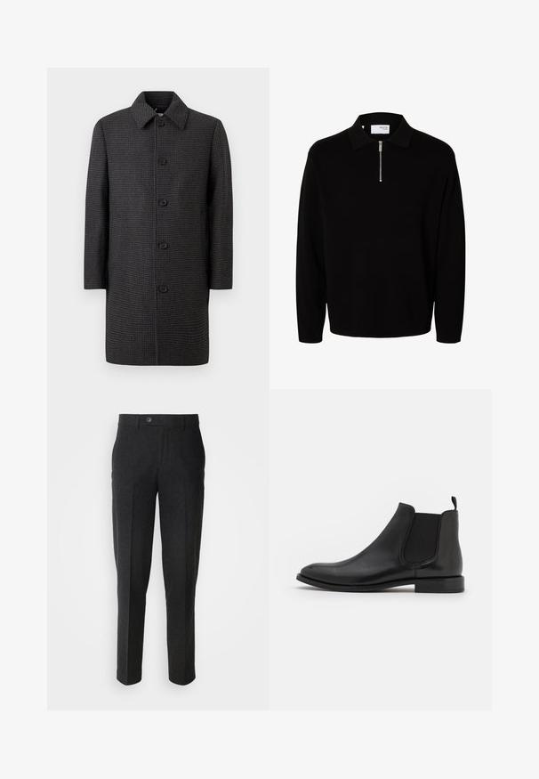 Grå ternet frakke med lige snit, spids krave og fem sorte knapper. Har lange ærmer og sidelommer.; Sort langærmet strikket pullover med krave og kort lynlås foran, designet til mænd.; Lindbergh Bukser - black melange; Sorte læder Chelsea støvle med elastiske sidepaneler, en rund tå og en lav hæl. Glat tekstur med et minimalistisk design.