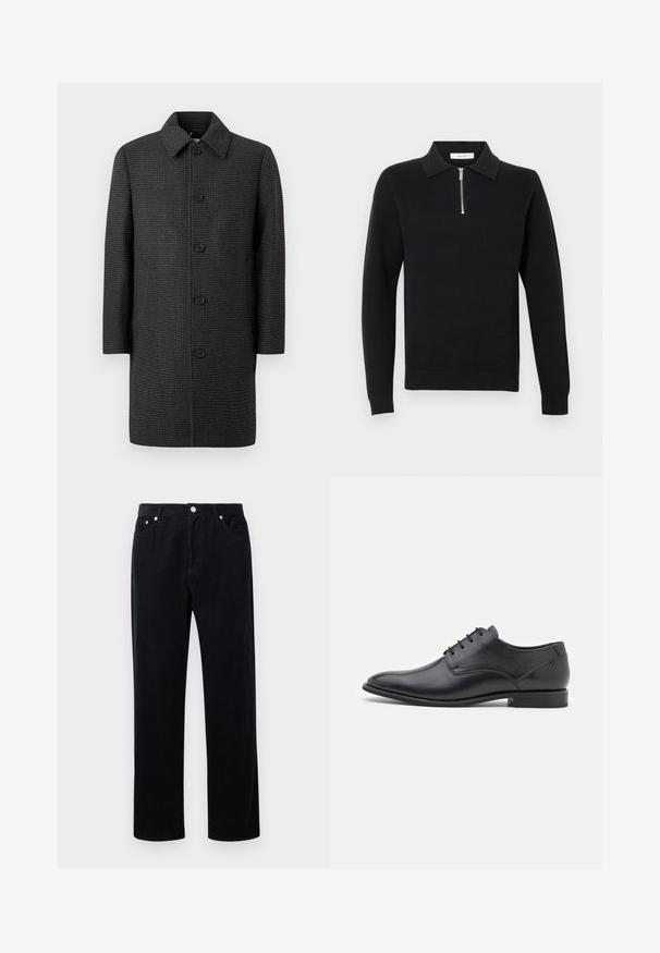 Grå ternet frakke med lige snit, spids krave og fem sorte knapper. Har lange ærmer og sidelommer.; Sort pullover sweater med krave, har en front halvdelslynlås, tekstureret strikmateriale og ribbede manchetter og kant.; Sorte fløjl bukser med lige ben-design, der har en knap- og lynlåslukning, fem lommer og et blødt, tekstureret stof.; Sorte læderdressko med en glat tekstur, spids tå, lav hæl og seks snørrehuller. Simpelt design uden udsmykninger.