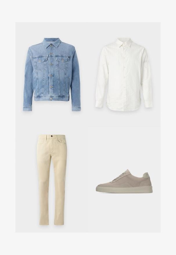 Hellblaues Jeansjacke mit Kragen, sechs Knöpfen, zwei Brusttaschen und minimalen Abnutzungserscheinungen auf dem Stoff.; Weißes Langarmhemd aus strukturiertem Stoff, mit Knopfverschluss vorne und spitzem Kragen. Subtile Musterung auf der oberen Vorderseite.; Beige Gerade geschnittene Hosen aus Baumwollmischung. Mit Fünf-Taschen-Design, Gürtelschlaufen und einem schwarzen Knopfverschluss an der Taille.; Beige Wildledersneaker mit strukturierter Oberfläche, abgerundeter Zehenpartie und tonalen Schnürsenkeln. Verfügt über eine dicke Gummisohle und dezente Markenkennzeichnung an der Ferse.