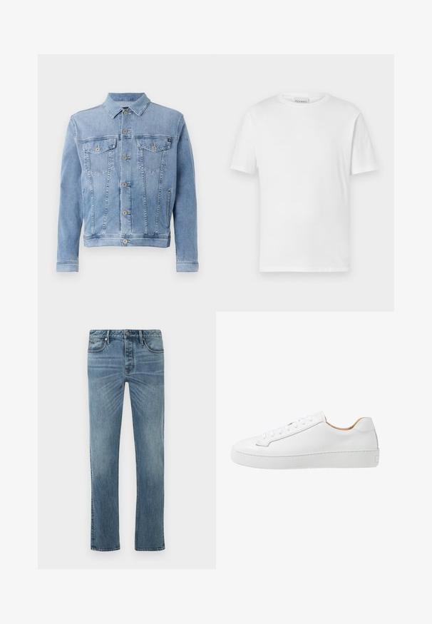 Lyseblå denimjakke med krave, seks knaplukninger, to brystlommer og minimal slid på stoffet.; Hvid kortærmet t-shirt lavet af bomuld. Har en rund halsudskæring og lige kant. Ingen mønstre eller udsmykninger. Enkel design.; Blå denimjeans med lige ben, der har et klassisk fem-lommer-design, synlige syninger og en falmet vask.; Hvide lædersneakers med en glat overflade, afrundet tå, flad snørebåndsdesign og en tyk gummisål med et struktureret grebmønster.