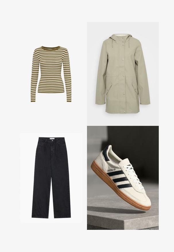 Veste imperméable beige clair avec capuche, fermeture à pression à l'avant, deux poches latérales et cordons réglables sur la capuche. Texture lisse.; Pull à manches longues rayé en vert olive et crème. Il présente un col rond et une texture côtelée. Design ajusté.; Jeans en denim noirs taille haute à jambes larges avec fermeture à bouton et zip à l'avant, passants de ceinture et style à cinq poches.; Baskets en daim blanc avec des bandes navy, semelle en caoutchouc gomme, tige texturée, bout rond et lacets ; arbore un logo sur le côté et sur la languette.