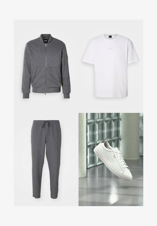 Grå bomberjakke lavet af blødt stof, med lynlås foran, ribbede manchetter og to frontlommer. Enkelt design med minimal branding.; Hvid bomulds T-shirt med korte ærmer, rund halsudskæring og præget "BOSS" logo på brystet. Glat tekstur, standard pasform.; Grå joggebukser lavet af glat stof, med elastisk talje og snøre, tætsiddende ben og sidelommer.; Hvid læder lav-top sneaker med snørebånd, sort hælflig og "BOSS"-logo, svævende indendørs nær glasblok væg og poleret gulv.
