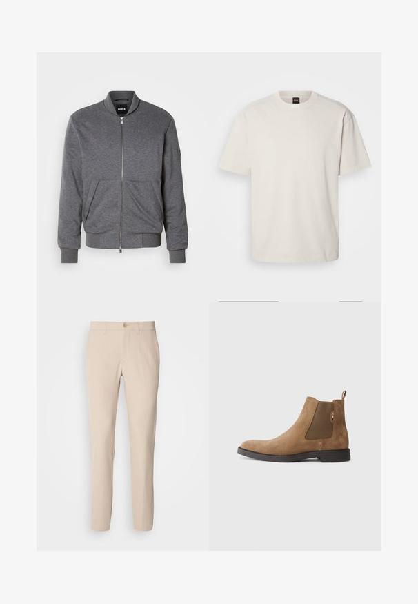 Grå bomberjakke lavet af blødt stof, med lynlås foran, ribbede manchetter og to frontlommer. Enkelt design med minimal branding.; Kortærmet, crew-neck t-shirt i off-white bomuld med lige snit og minimal branding på kraven. Blød tekstur, uden mønstre.; Beige bukser lavet af blødt stof, med knaplukning, lige snit og sidelommer. Glat tekstur med minimale syninger.; Brune ruskinds Chelsea-støvle med elastiske sidepaneler og en hulsløjfe. Har en rund tå og en flad gummisål for stabilitet.